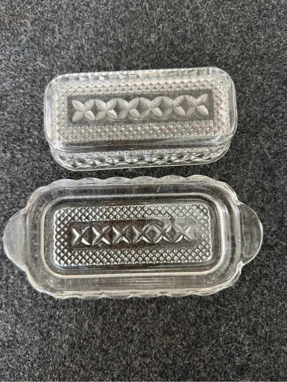 Anchor Hocking Wexford covered butter dish with small chip
